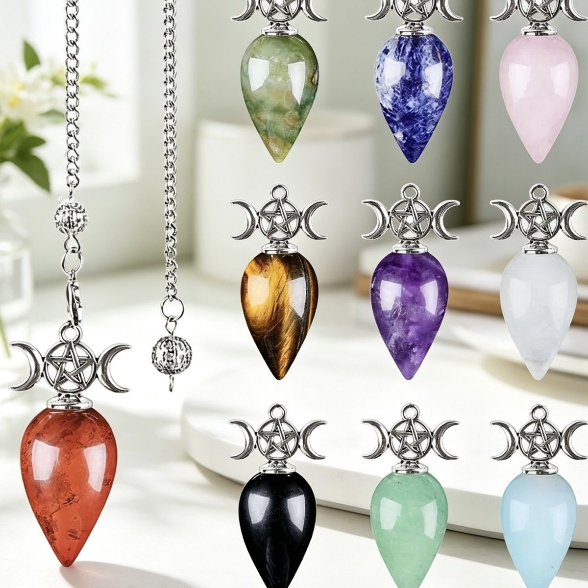 Pêndulo de cristal natural com corrente modelo mensal de gota de água yoga meditação frequência ajustável pêndulo de pedra natural