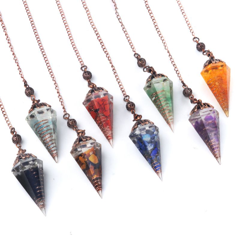 1697-Pêndulo de cristal colorido pêndulo de bandeja de flor de cobre vermelho antigo, pêndulo de cone hexagonal de resina de cascalho natural