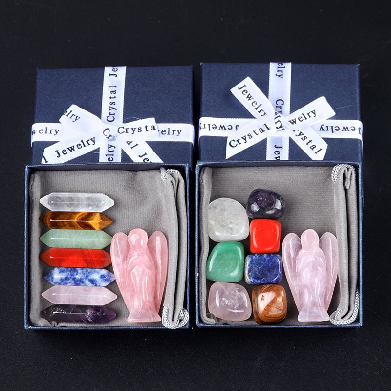 1746-Pink Crystal Angel Colorful Hexagonal Pillar Set, Irregular Seven-Pulse Rolling Stone 7 Set Gift Box - Menor Preço em Brasil