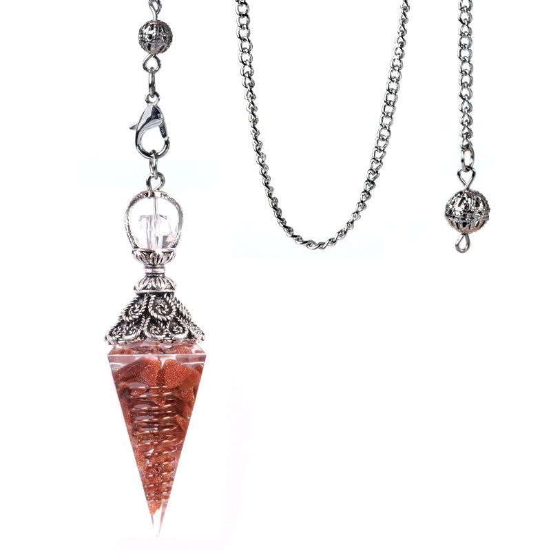 1924-Pêndulo de resina de cascalho colorido de cristal de prata antigo, pingente de cone hexagonal, transfronteiriço