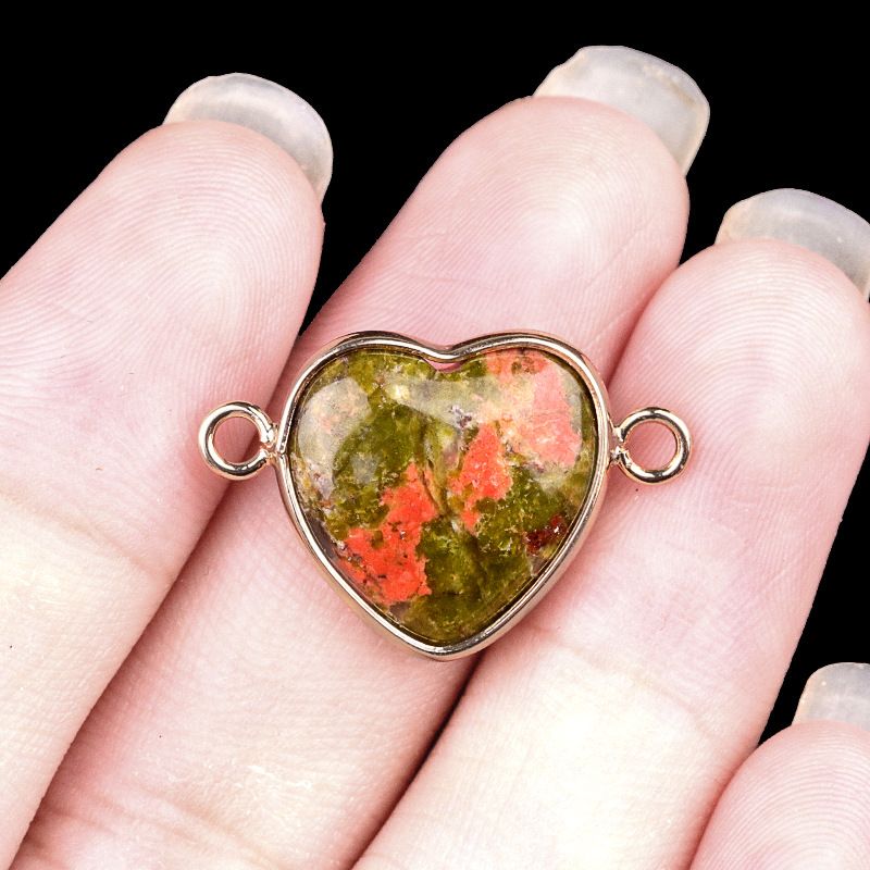2026-15Mm conector de bainha de amor, pedra semi-preciosa natural amor duplo orifício de suspensão acessórios de jóias DIY