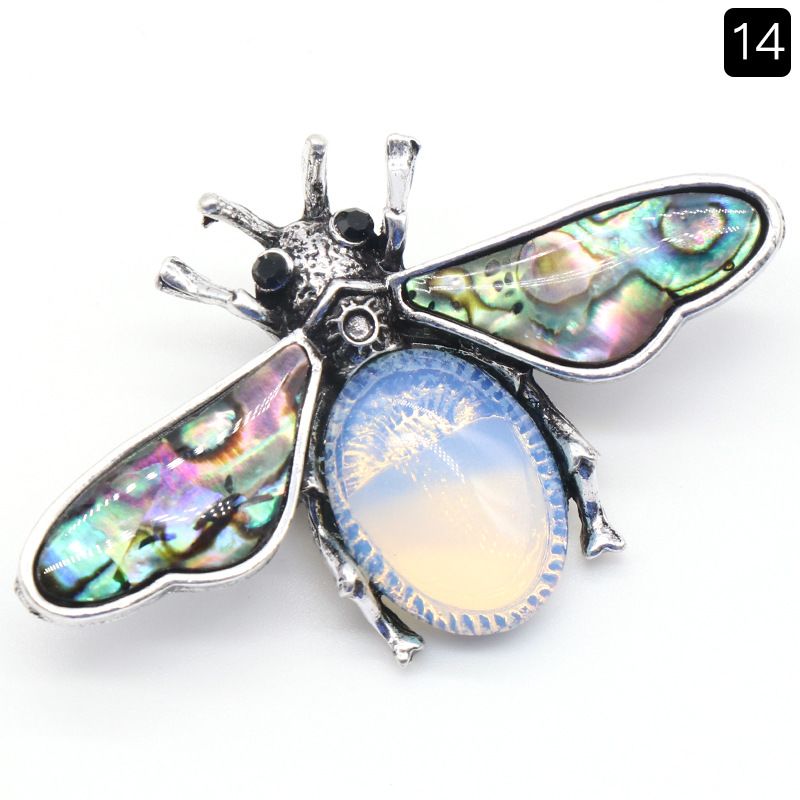 1209-Abelha semipreciosa de ágata de cristal, pingente de pedra preciosa de concha de abalone incrustada em liga, colar de broche