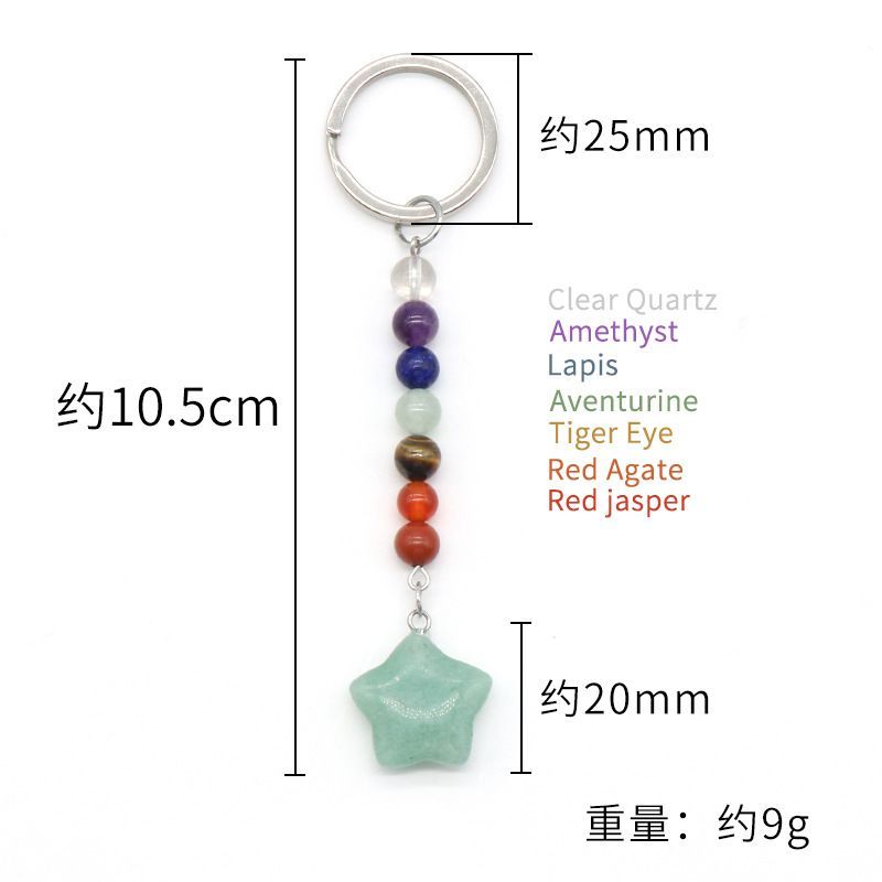 1472-Cristal natural de pedra colorida pentagrama pingente de chave de jóias pingente de bagagem DIY chaveiro