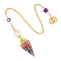 2122-Pêndulo de cascalho de cristal natural colorido bronze prata resina de ouro símbolo de sete veias pêndulo de cone hexagonal