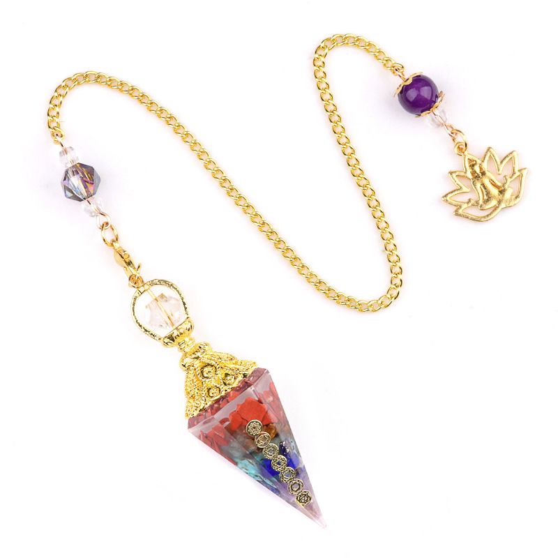2122-Pêndulo de cascalho de cristal natural colorido bronze prata resina de ouro símbolo de sete veias pêndulo de cone hexagonal