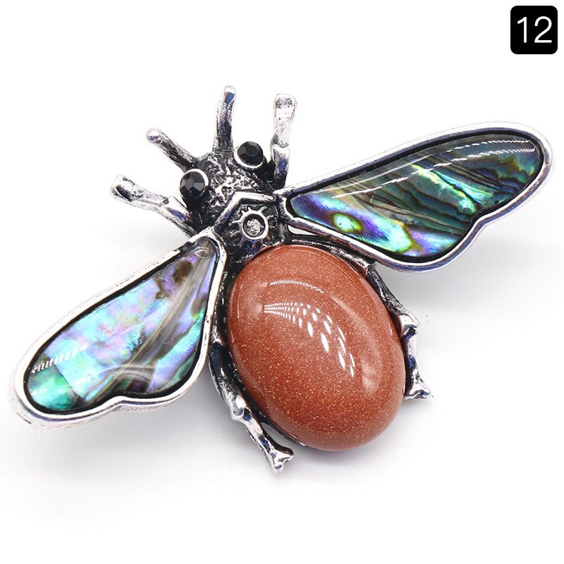 1209-Abelha semipreciosa de ágata de cristal, pingente de pedra preciosa de concha de abalone incrustada em liga, colar de broche