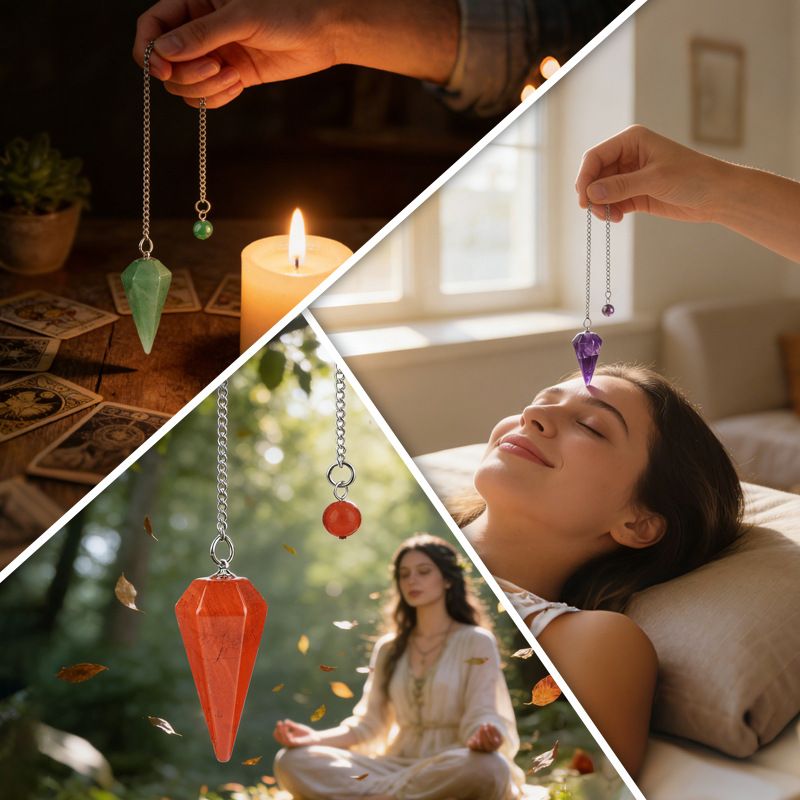 Pingente de pêndulo de cristal natural 38 mm Pedra preciosa de cone hexagonal com corrente Yoga Meditação Pêndulo de frequência ajustável