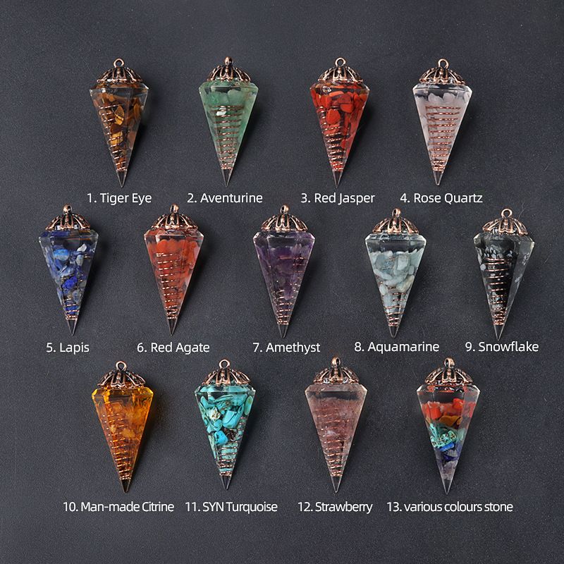 1697-Pêndulo de cristal colorido pêndulo de bandeja de flor de cobre vermelho antigo, pêndulo de cone hexagonal de resina de cascalho natural