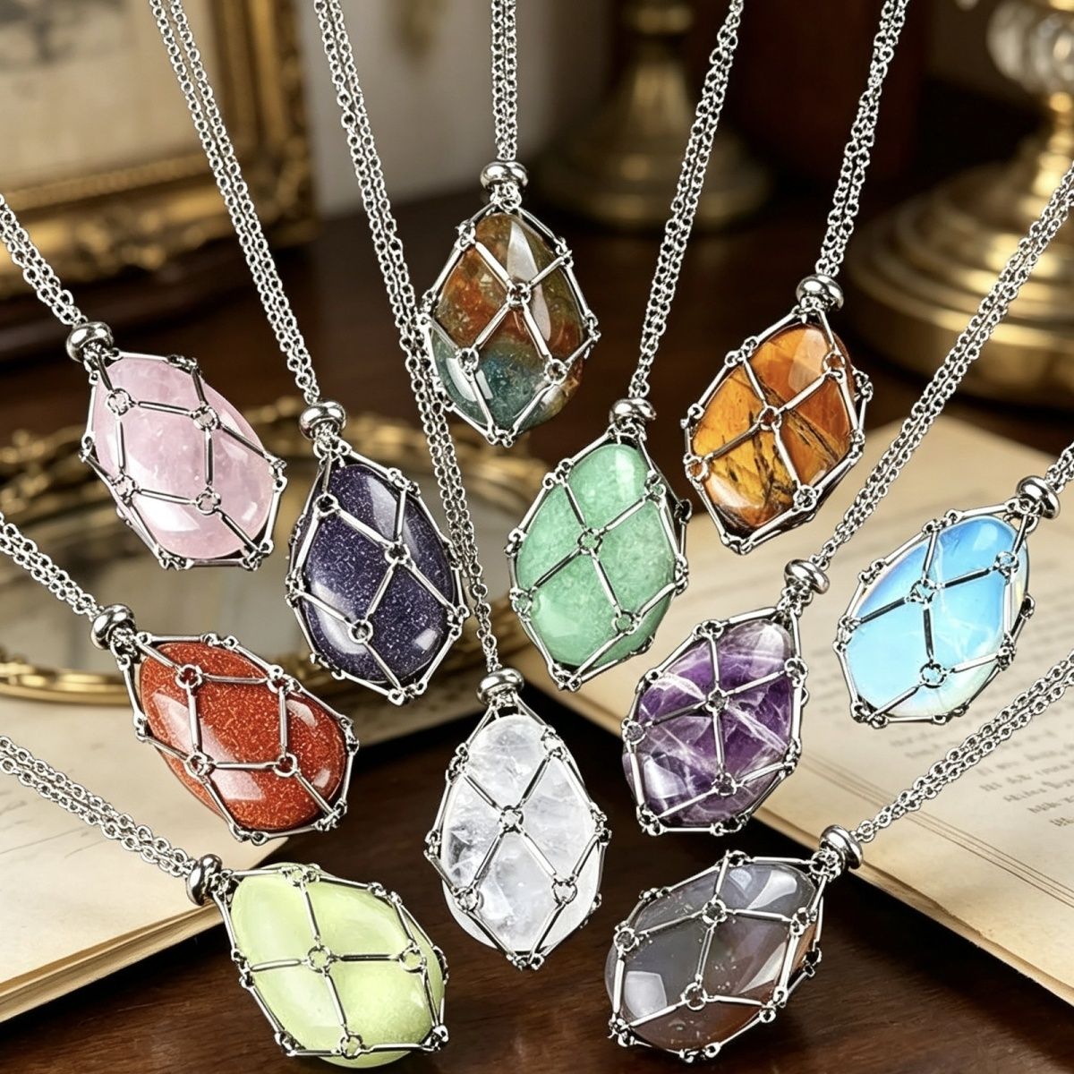 1720-Corrente de mão de aço inoxidável tecido malha colar de bolso de pedra de ágata cristal pingente de gota de água pode ser substituído por pedra bruta