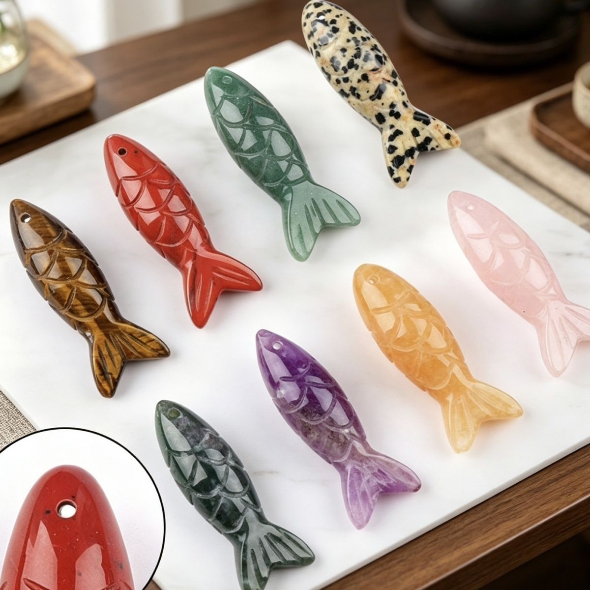 Pedra semipreciosa de cristal natural gravada em pingente de peixe pequeno tridimensional, pingente em forma de peixe de pedra olho de tigre.