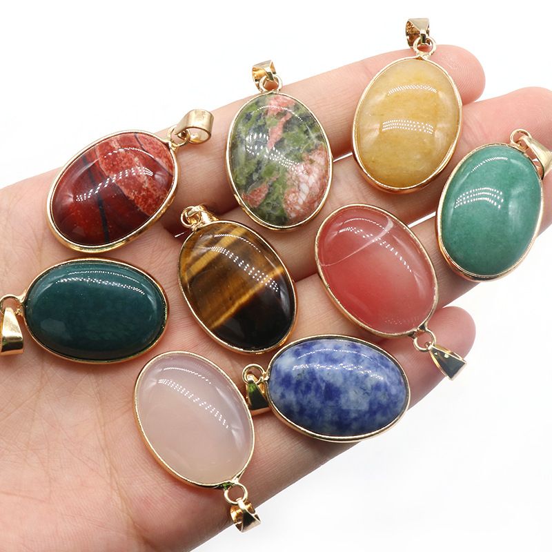 1430-Pingente de bainha oval de cristal de ágata natural, colar de cobre com meia face em forma de ovo