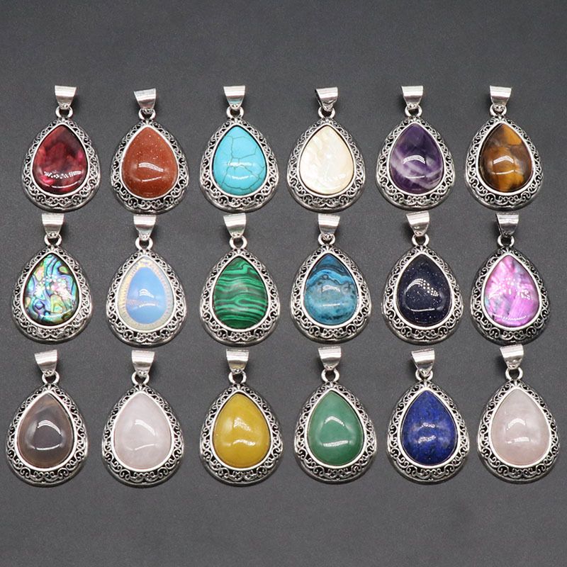 1185-Pingente de gota de água de pedra semipreciosa de ágata de cristal, liga incrustada, colar de concha de abalone lápis-lazúli