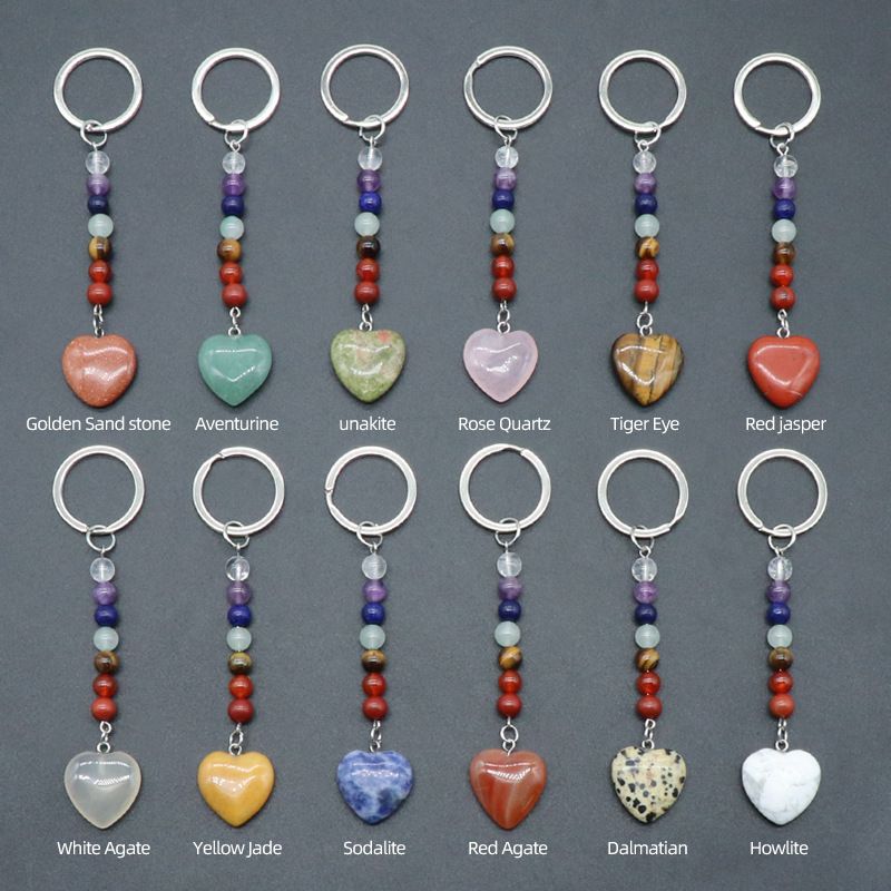 1471-Pingente de chaveiro de amor de pedra colorida de cristal natural, jóias e pingente de bagagem DIY chaveiro.