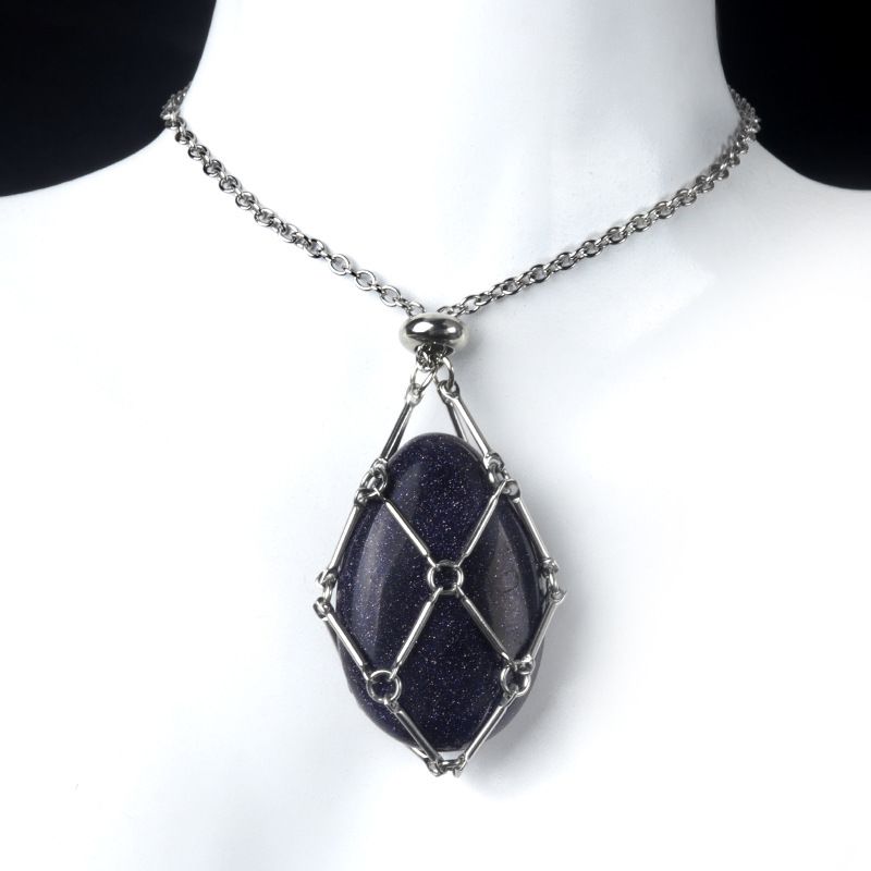 1720-Corrente de mão de aço inoxidável tecido malha colar de bolso de pedra de ágata cristal pingente de gota de água pode ser substituído por pedra bruta