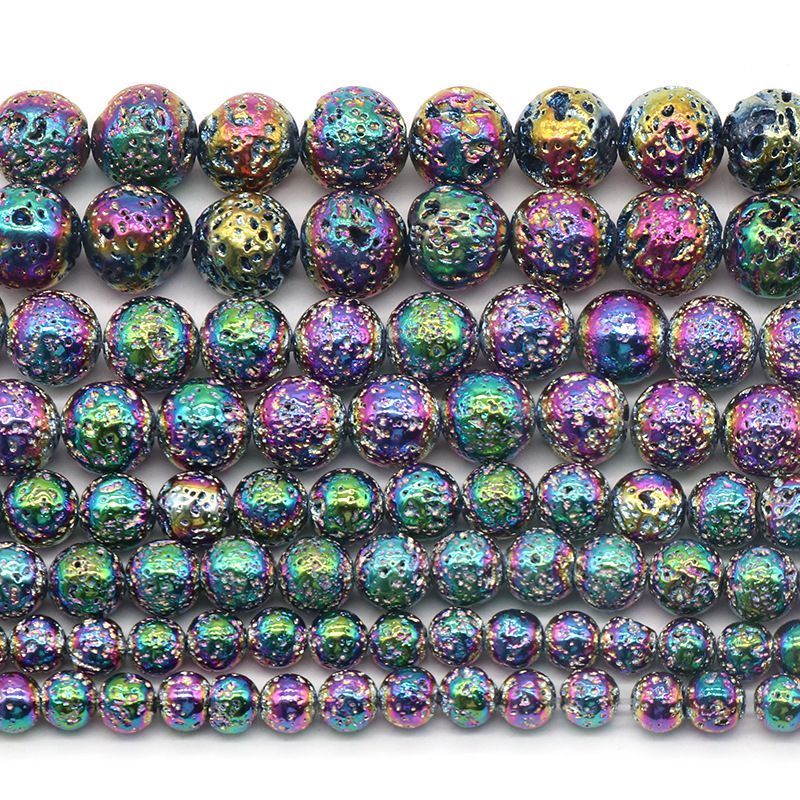 1417-Pedra Vulcânica Colorida Natural Contas Redondas DIY Acessórios De Jóias Frisadas Feitas À Mão Rocha Vulcânica Galvanoplastia Cor Grânulos Soltos