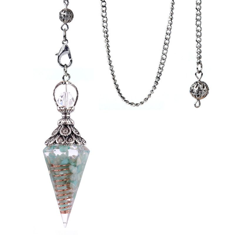 1924-Pêndulo de resina de cascalho colorido de cristal de prata antigo, pingente de cone hexagonal, transfronteiriço