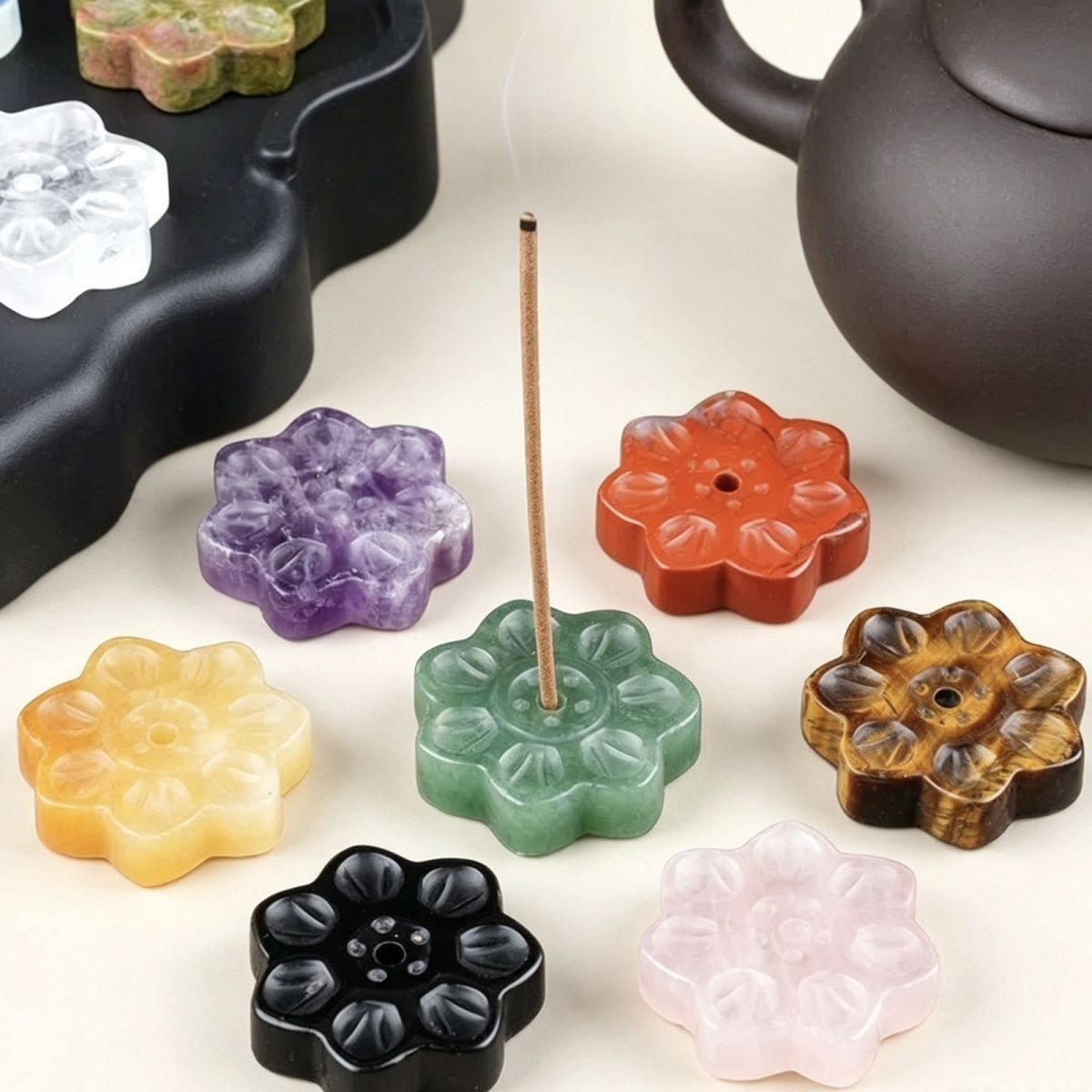 Inserção de incenso de lótus de cristal natural cabeça de pedra semipreciosa, base de suporte de incenso de arame, inserção de queimador de incenso de pedra de olho de tigre de 30 mm