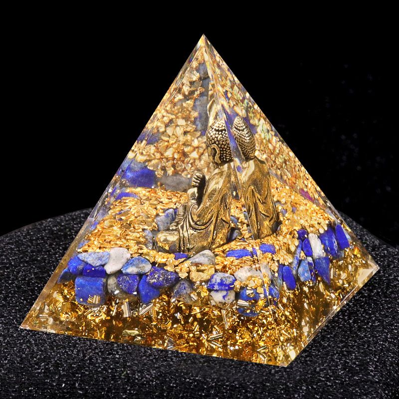 Nova pirâmide de 6cm torre de ouro azul ametista natural Elefante Deus série Ornamento de pirâmide epóxi