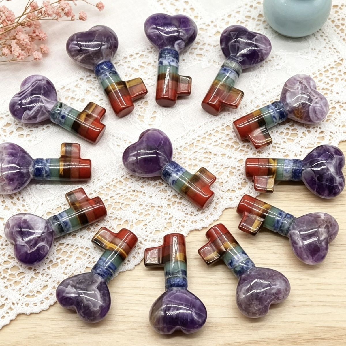 1499-Natural Crystal Colorful Stone Love Key Shape, Chakra Heart Lock Key