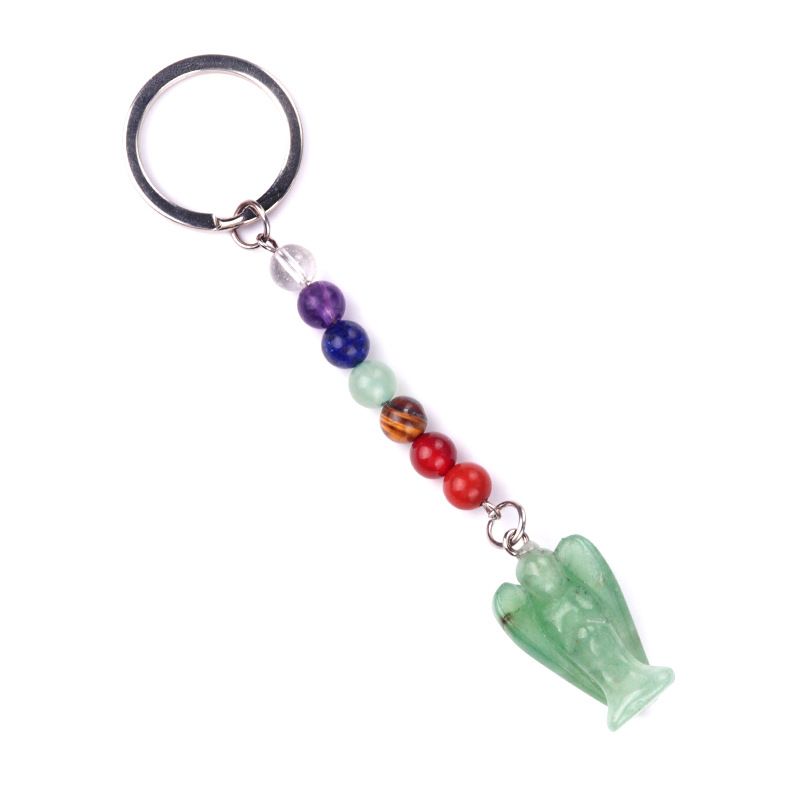 1715-Chaveiro de Anjo Chakra, Chaveiro de Anjo Gravado em Pedra Semi-Preciosa Natural, Pingente de Anjo da Guarda