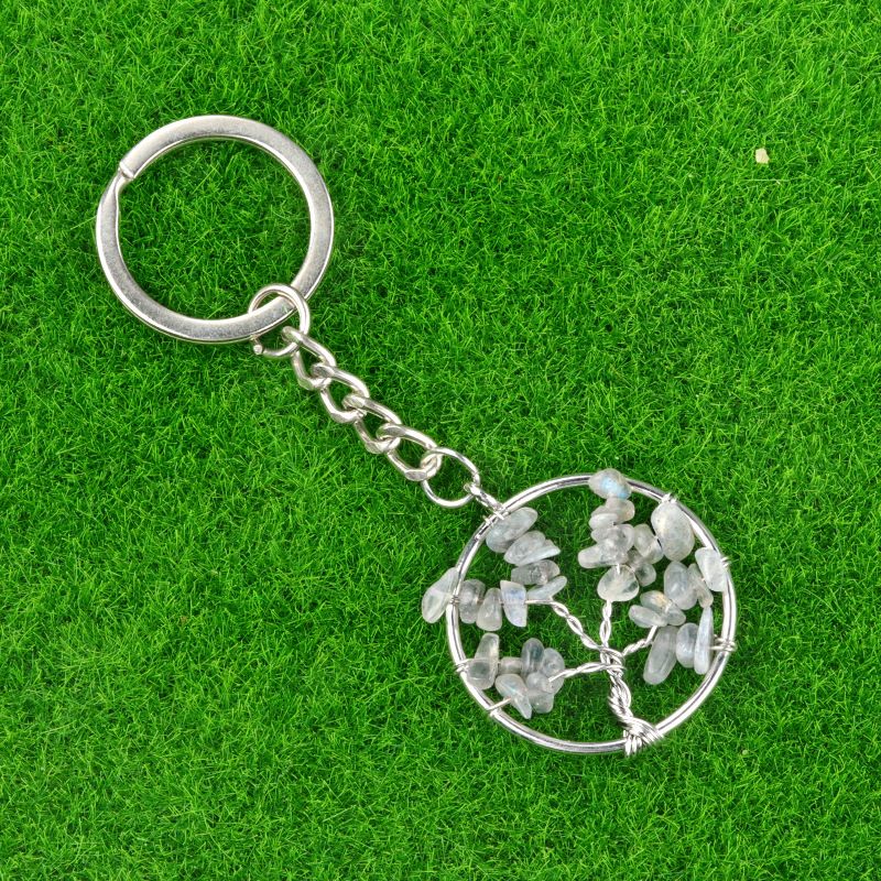1699-Cabeça de pedra semi-preciosa de cristal natural Chaveiro da Árvore da Vida, pingente de pedra áspera tecido de cascalho, pingente de chaveiro.