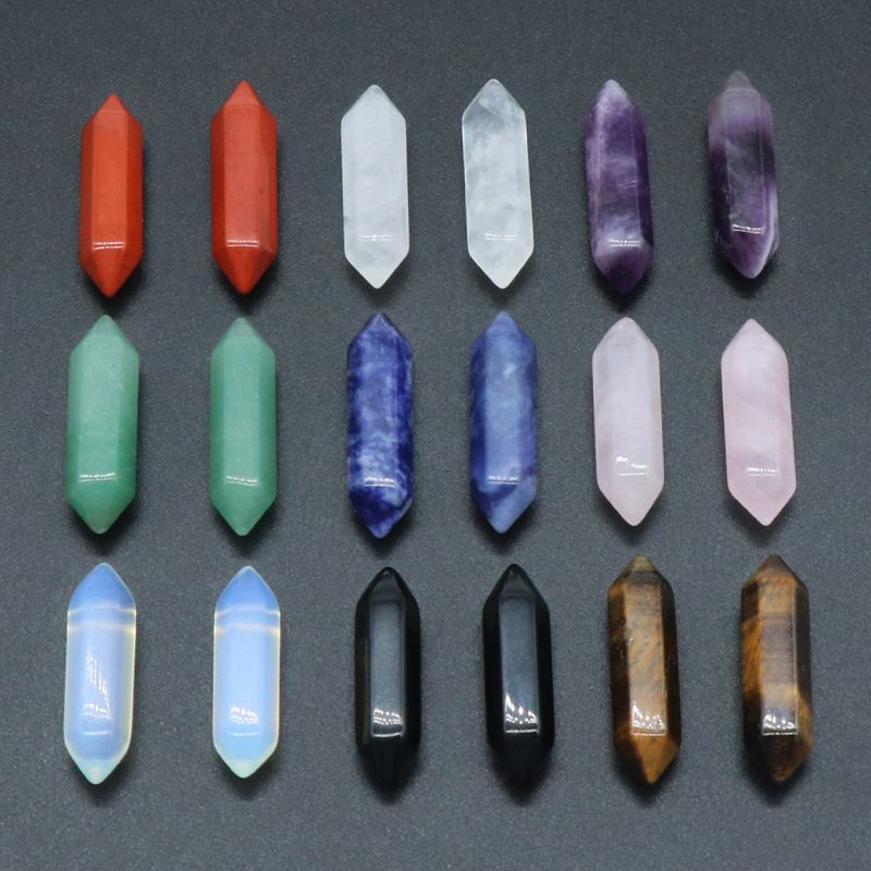 1063-Pedra semi-preciosa de cristal natural de duas cabeças pontiaguda superfície de corte de cone hexagonal pequeno pilar 8X31mm acessórios DIY