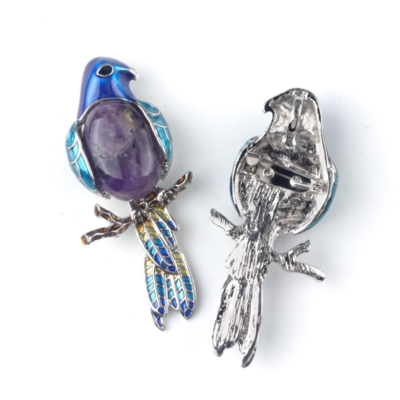 1682-Pingente de broche de papagaio Pingente de broche de gema incrustado com pino de pedra de ágata de cristal, colar