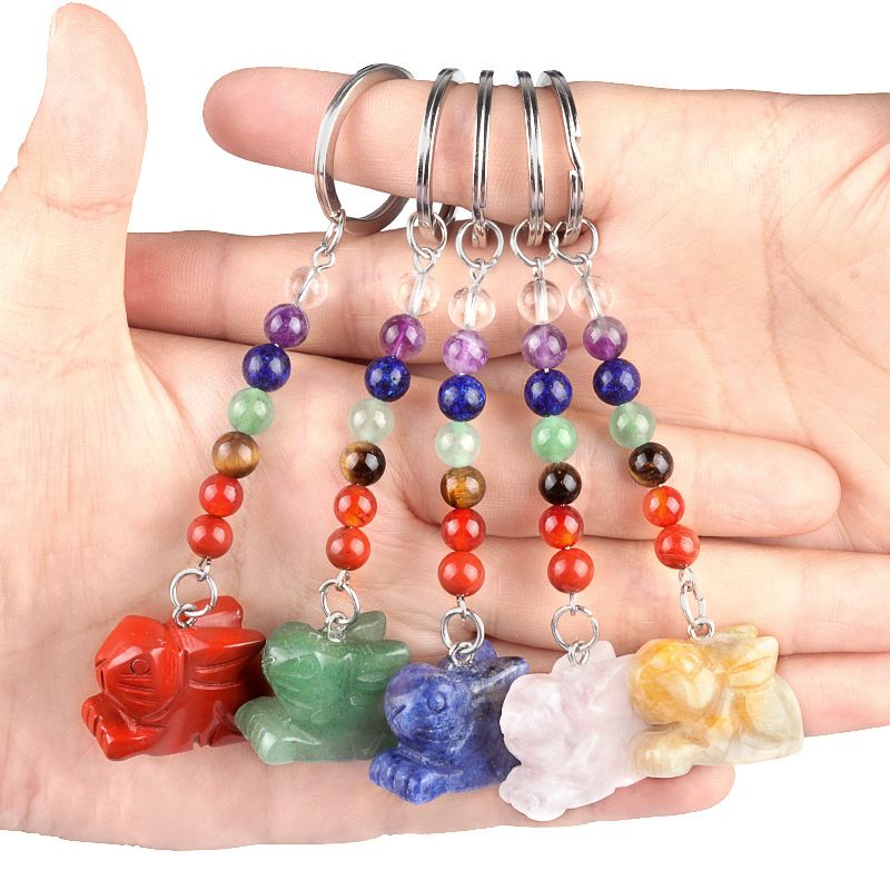 2011-Chaveiro de coelho de pedra de cristal colorido, pingente de jóias de chakra, pingente de chaveiro de animal pequeno.