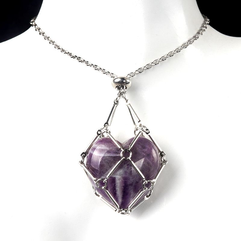 1737-Corrente de aço inoxidável de pedra de amor de ágata de cristal natural, pingente de bolso de malha de coração de bambu de metal