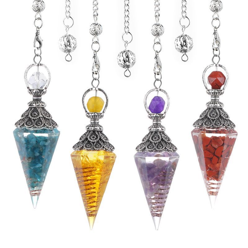 Pêndulo de cristal natural Pêndulo de resina de cone hexagonal de prata antiga envolto em epóxi