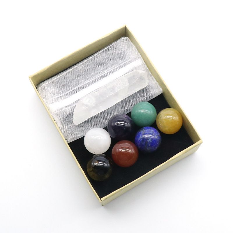 Conjunto de bolas de pedra colorida de chakra de ágata de cristal 893-16Mm, pedra áspera de cristal branco pilar de pedra de ioga.