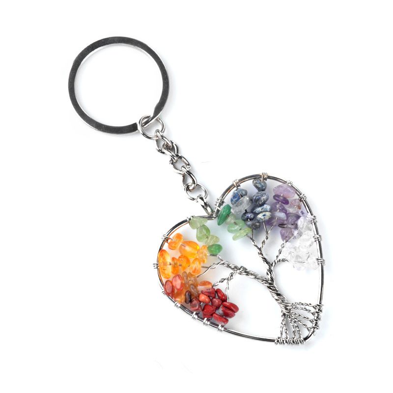 1707 - Sete Cores Cristal Pedra Triturada Árvore da Vida Chaveiro Chakra Yoga Joia Pingente Árvore do Dinheiro