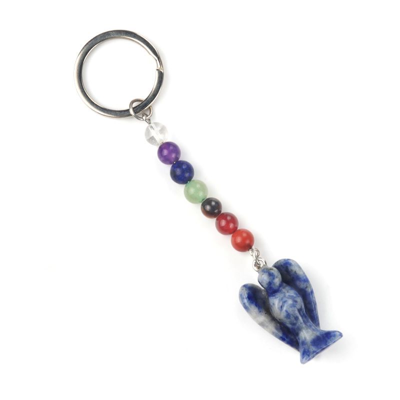 1715-Chaveiro de Anjo Chakra, Chaveiro de Anjo Gravado em Pedra Semi-Preciosa Natural, Pingente de Anjo da Guarda