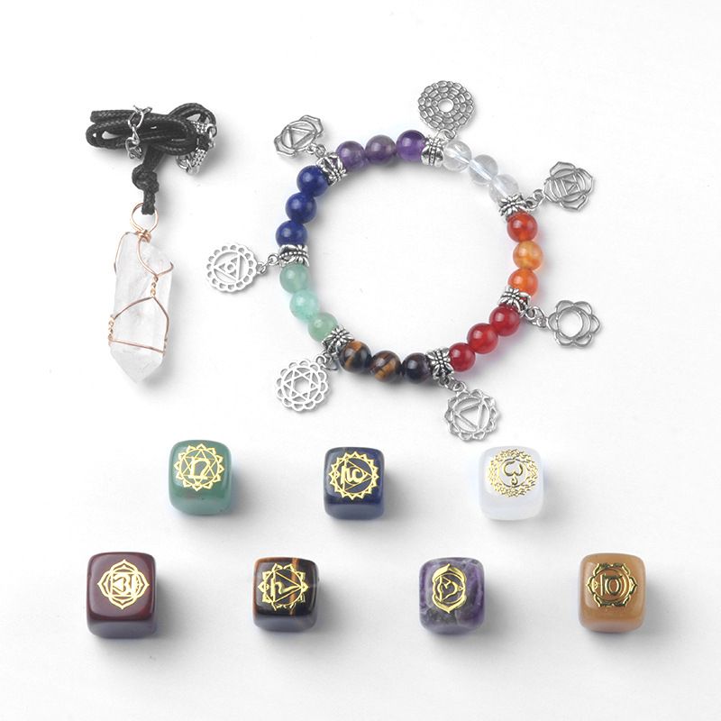 1619-Sete Meridianos Símbolo de Yoga Quadrado, Pulseira de Yoga, Conjunto Combinado de Colar de Cristal Jóias
