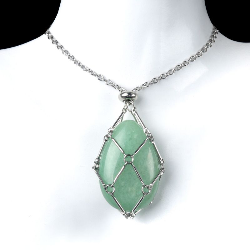 1720-Corrente de mão de aço inoxidável tecido malha colar de bolso de pedra de ágata cristal pingente de gota de água pode ser substituído por pedra bruta