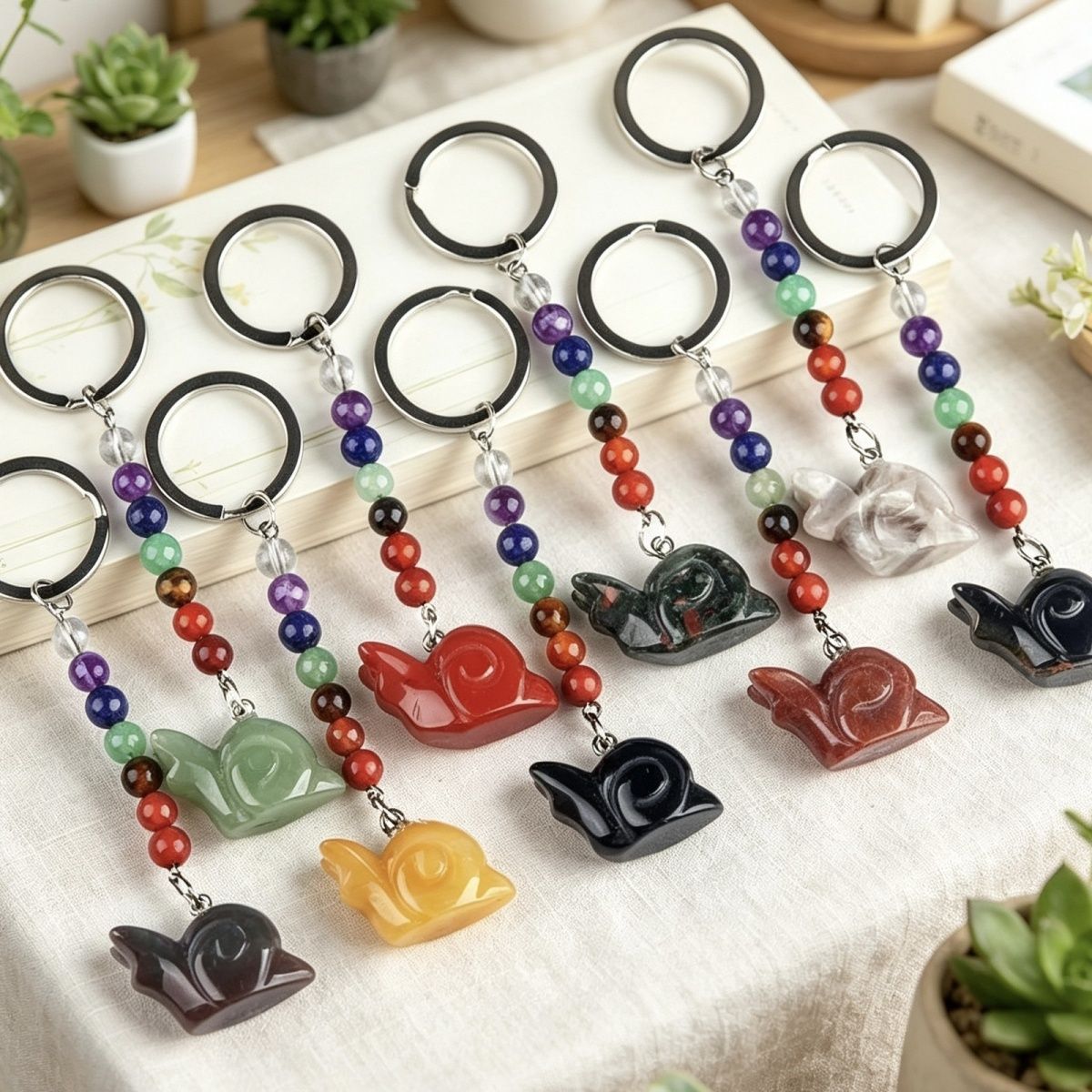 1962-Chaveiro de caracol de pedra de cristal colorido, pingente de jóias chakra, pingente de chaveiro de animal pequeno
