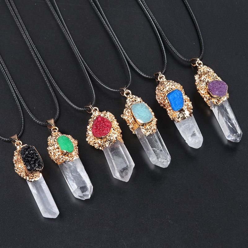 1757-Cristal branco natural pilar de pedra áspera pingente dourado pilar de cristal irregular incrustado acessórios de colar multicolorido