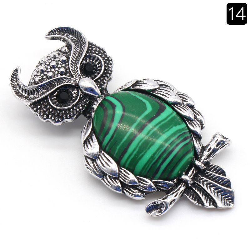 1208-Coruja gem Broche de Cristal Natural Coruja Broche, Alloy Set Pingente de Pedra Preciosa Pin