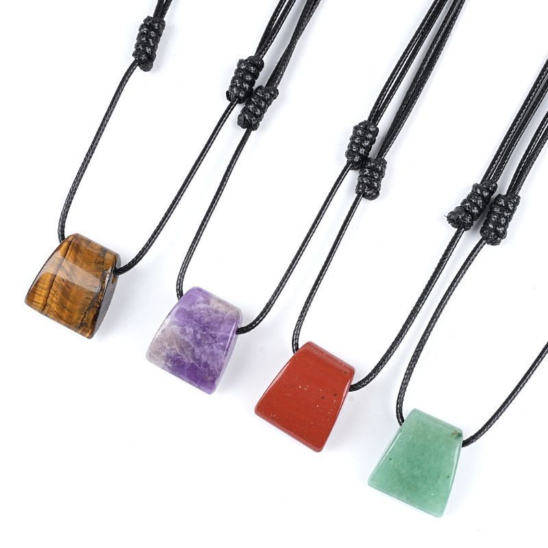 Colar de machado de cristal retro ajustado à mão tecido corda suéter corrente grande buraco trapezoidal ágata pingente de pedra