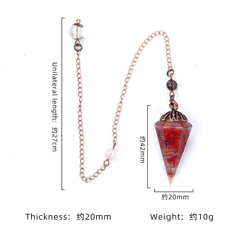 1697-Pêndulo de cristal colorido pêndulo de bandeja de flor de cobre vermelho antigo, pêndulo de cone hexagonal de resina de cascalho natural