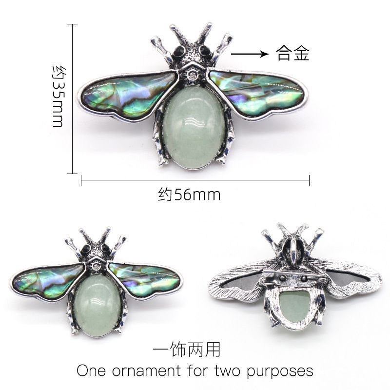 1209-Abelha semipreciosa de ágata de cristal, pingente de pedra preciosa de concha de abalone incrustada em liga, colar de broche