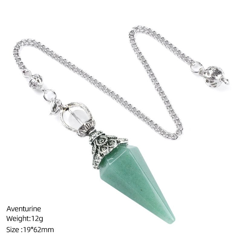 1412 Pingente de pêndulo de cristal natural Receptáculo de prata antiga Yoga Meditação Hexagonal Cone Frequência ajustável Pêndulo de pedra natural