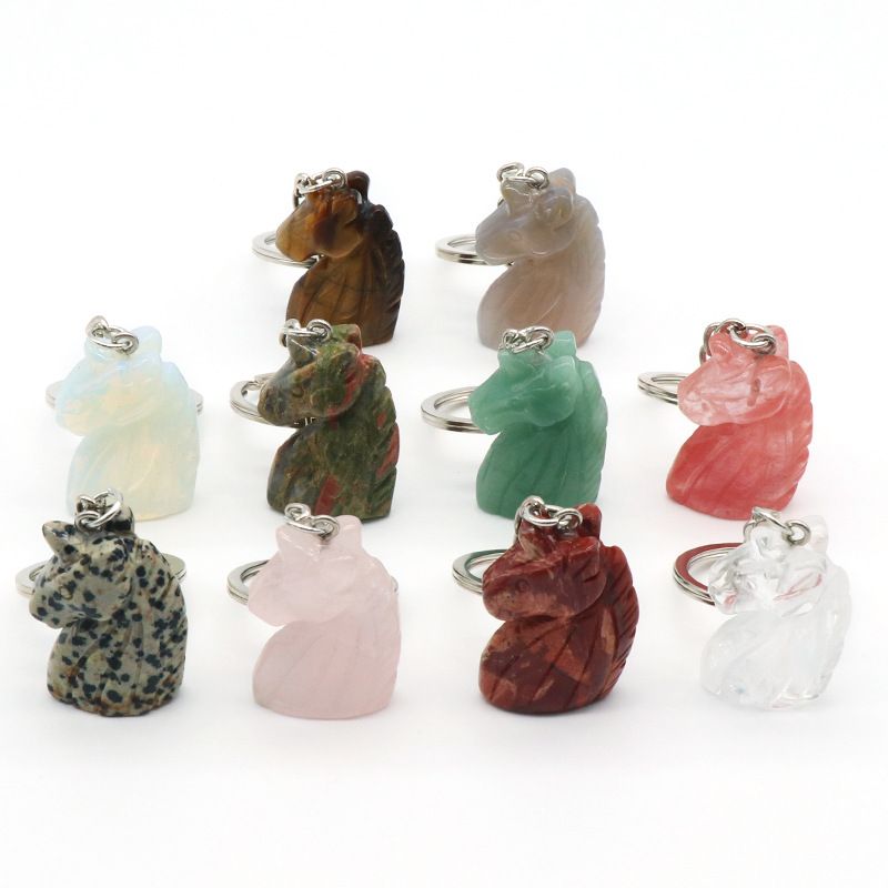 Chaveiro de unicórnio de pedra de cristal natural unicórnio, pingente de saco de animal gravado em pedra.