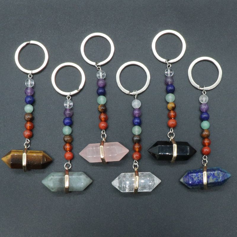 1105-Rose Quartz chaveiro de cristal ágata colorido pedra dupla pontiaguda hexagonal cone pingente chaveiro