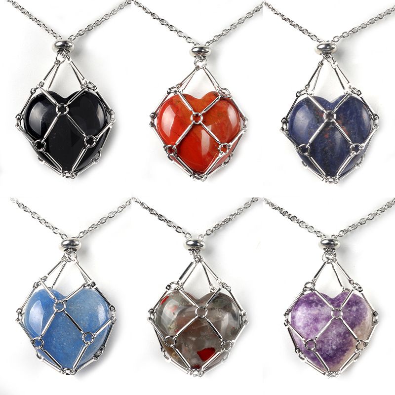 1737-Corrente de aço inoxidável de pedra de amor de ágata de cristal natural, pingente de bolso de malha de coração de bambu de metal