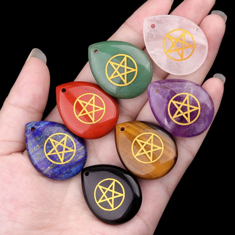 2190-Pentacle roxo rosa branco cristal gravado pentagrama símbolo gota de água pingente colar DIY pingente de jóias