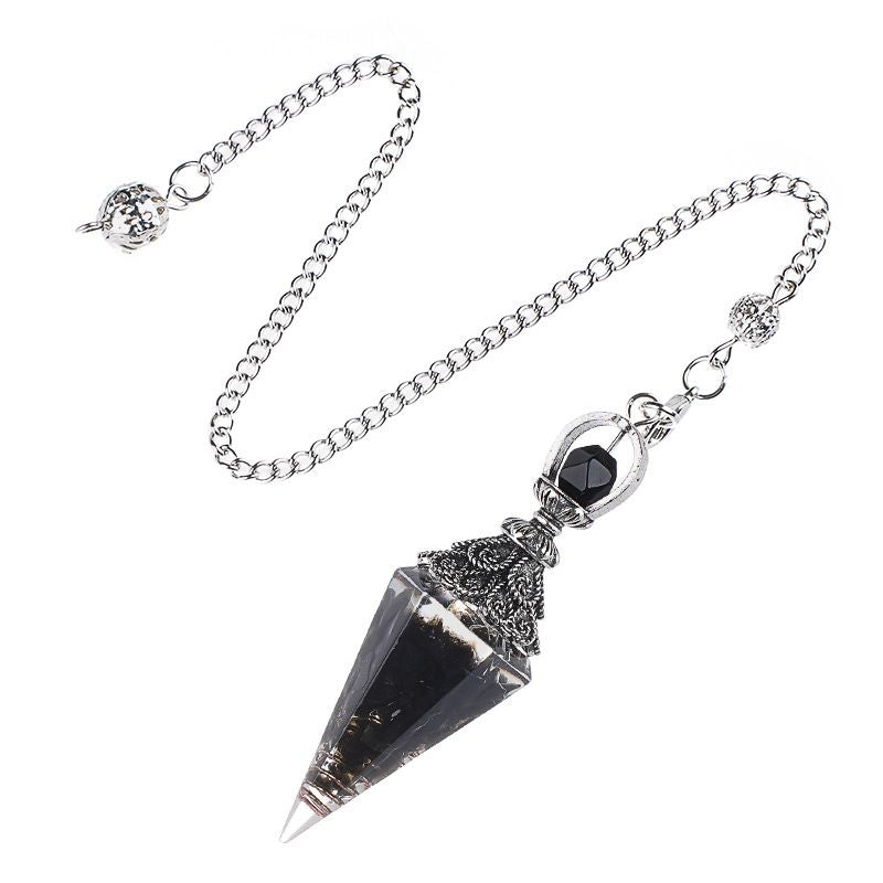 Pêndulo de cristal natural Pêndulo de resina de cone hexagonal de prata antiga envolto em epóxi