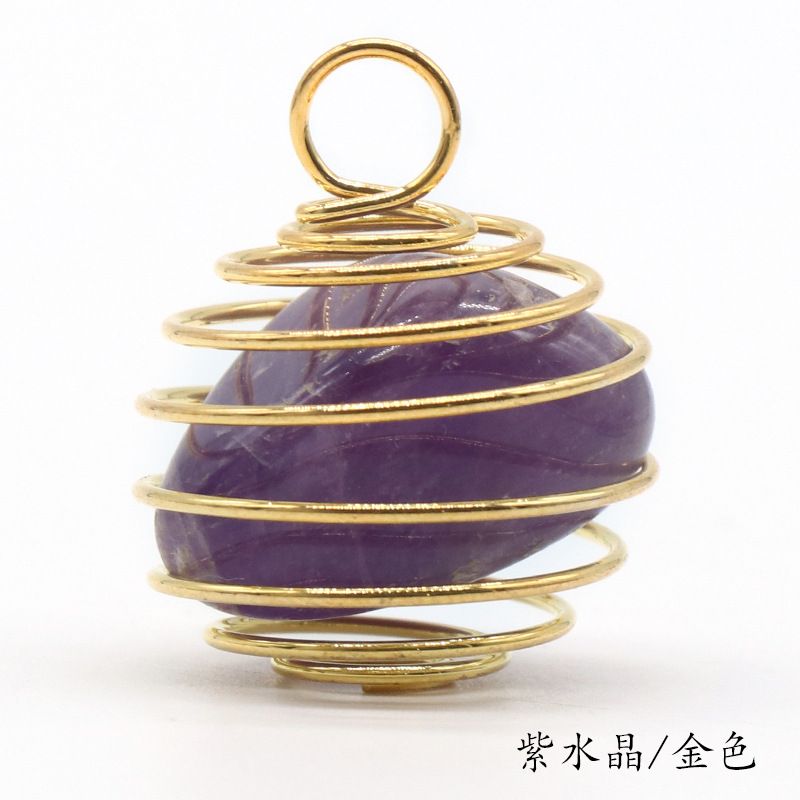 1069-Pingente de mola de enrolamento de fio de cobre de pedra semipreciosa de cristal natural, ágata verde Colar de ametista de cristal em pó Dongling