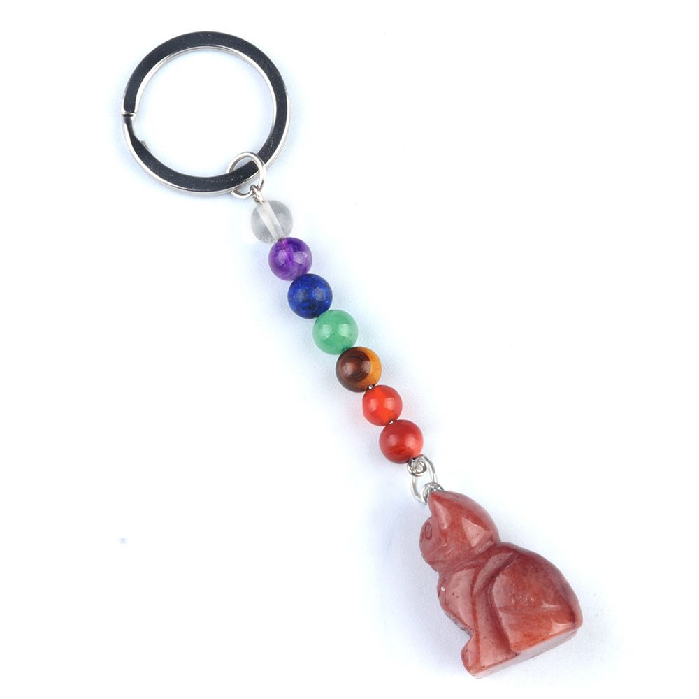 1956-Chaveiro de gatinho de pedra de cristal colorido, pingente de jóias de chakra, pingente de chaveiro de animal pequeno
