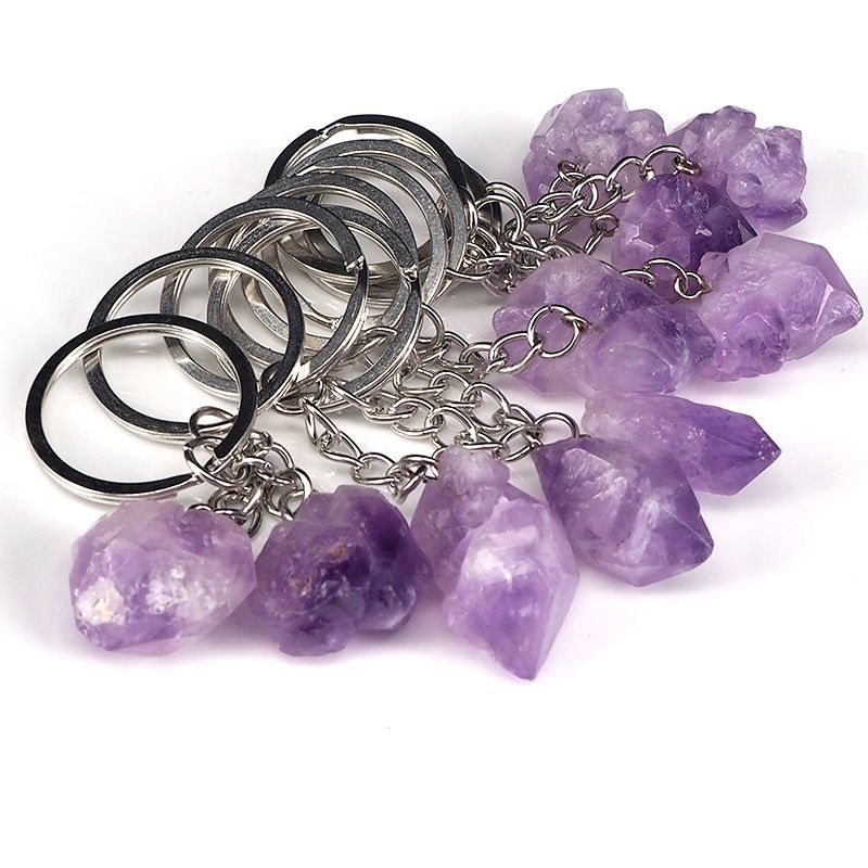 Espécime mineral de pedra áspera de ametista, anel de chaveiro irregular de cristal único, pingente de joias para bolsa de celular, acessórios